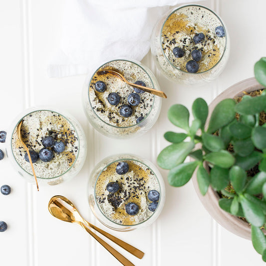 Chia seed pudding with blueberries on a table with spoons and a potted succulent