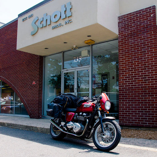 Founder Katy's motorcycle parked in front of Schott NYC office while on cross country trip