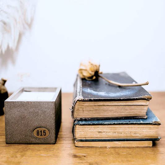 Shoppe 815 Signature Scent Concrete Candle sitting next to a stack of books with a rose on top