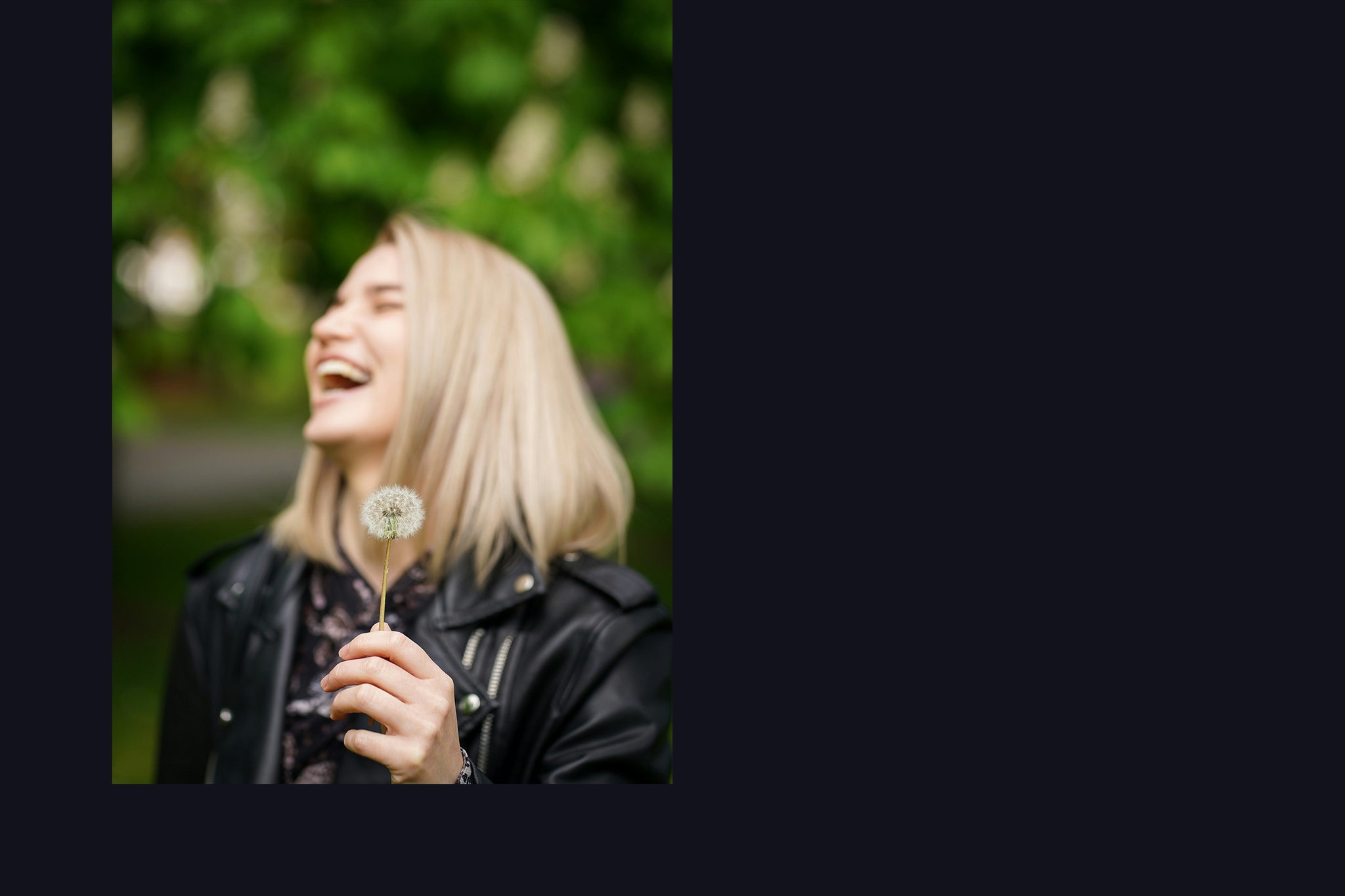 A girl in a leather motorcycle jacket laughing while holding a dandelion enjoying a chilly spring day, enjoying the smell of oakmoss covered trees.  A simple moment that will ignite memories for years to come! 