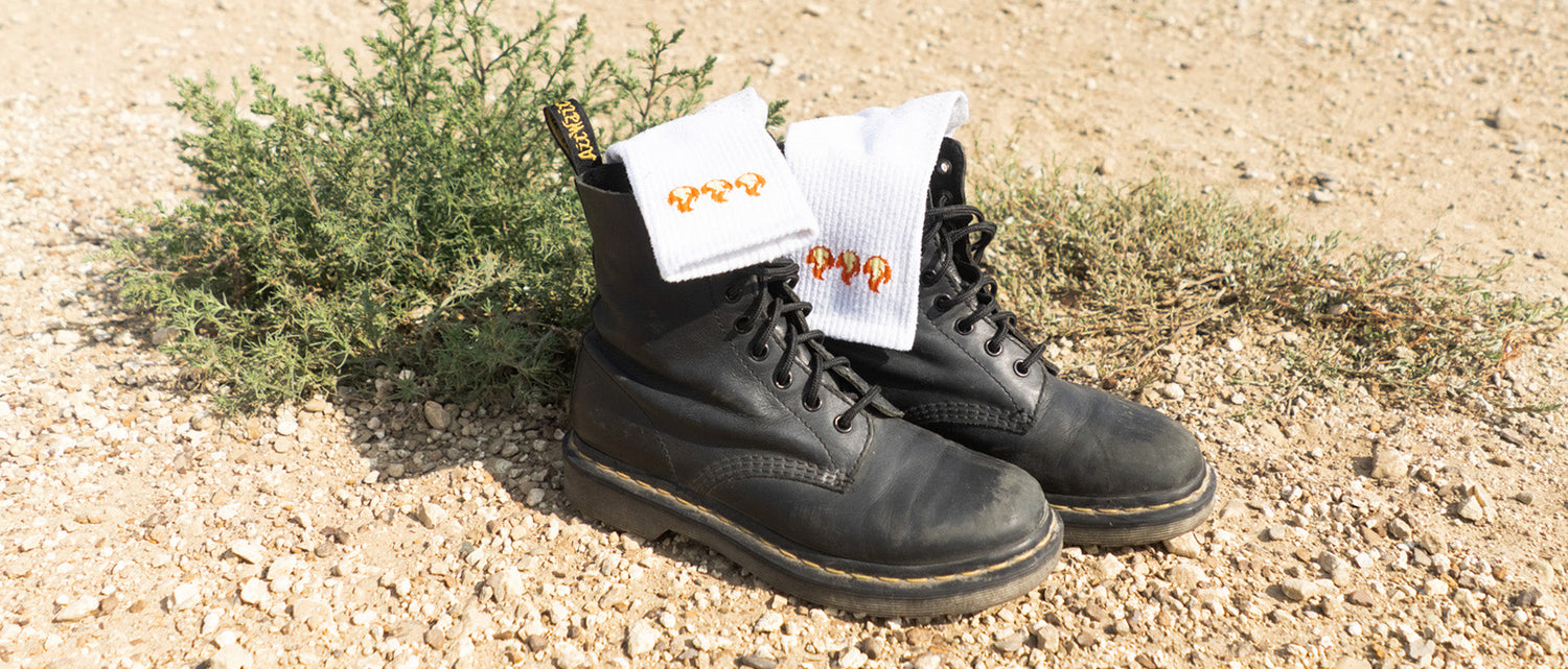 Black Doc Marten 1460 boots with White Hot Stuff Flame Socks - Accessories for your next Scents of Adventure