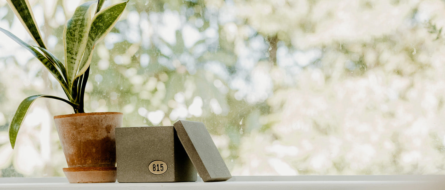 Shoppe 815_Signature Scent Candle_Banner - Our Signature Scent candle in a cement container with a brass 815 metal plate on a widow seal with trees in the background