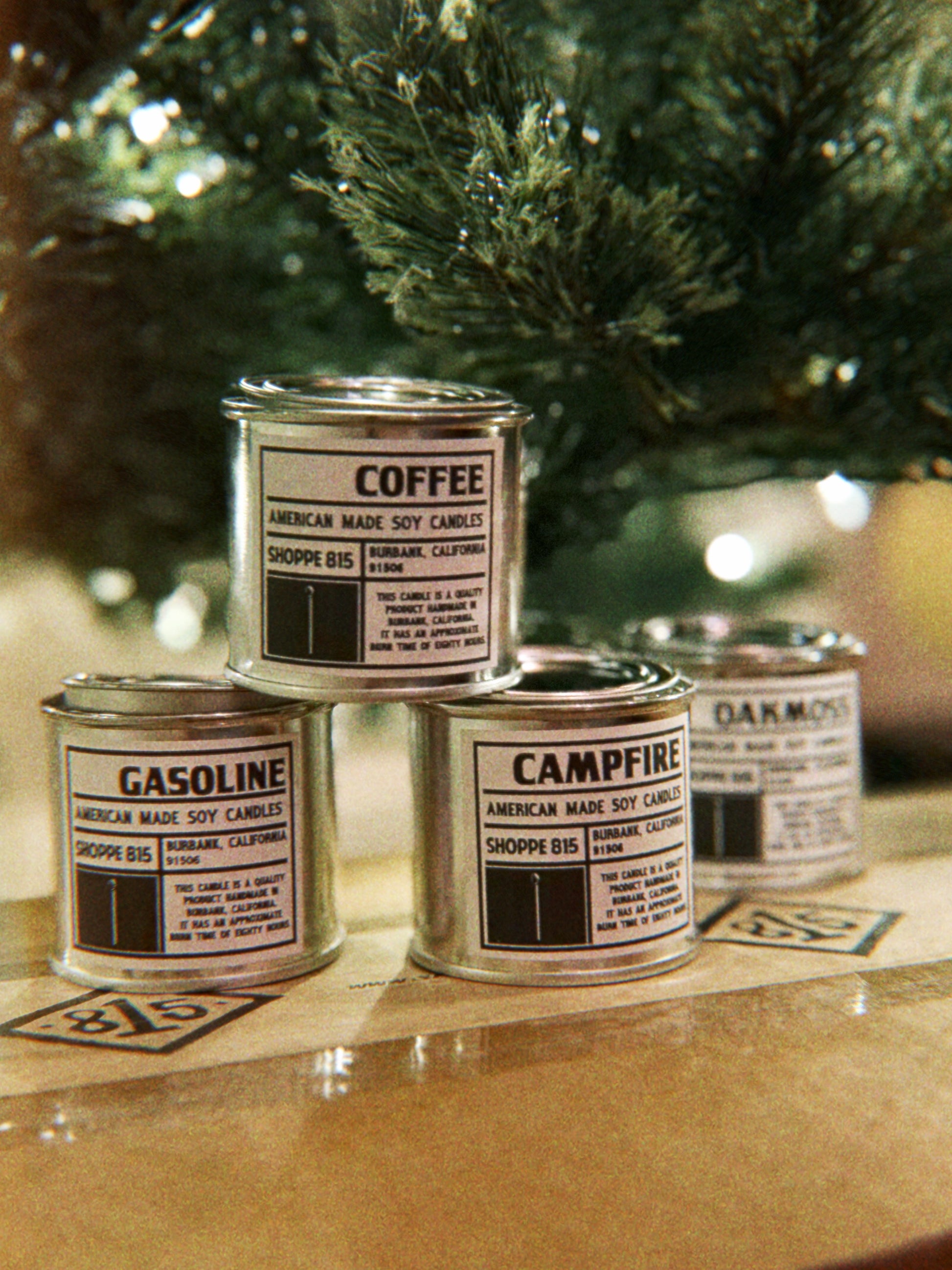 Small Shoppe 815 Tin Votive Candles Under the Christmas Tree. Coffee, Gasoline, Campfire, and Oakmoss. Gift Set.