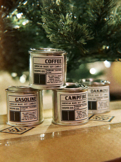 Small Shoppe 815 Tin Votive Candles Under the Christmas Tree. Coffee, Gasoline, Campfire, and Oakmoss. Gift Set.