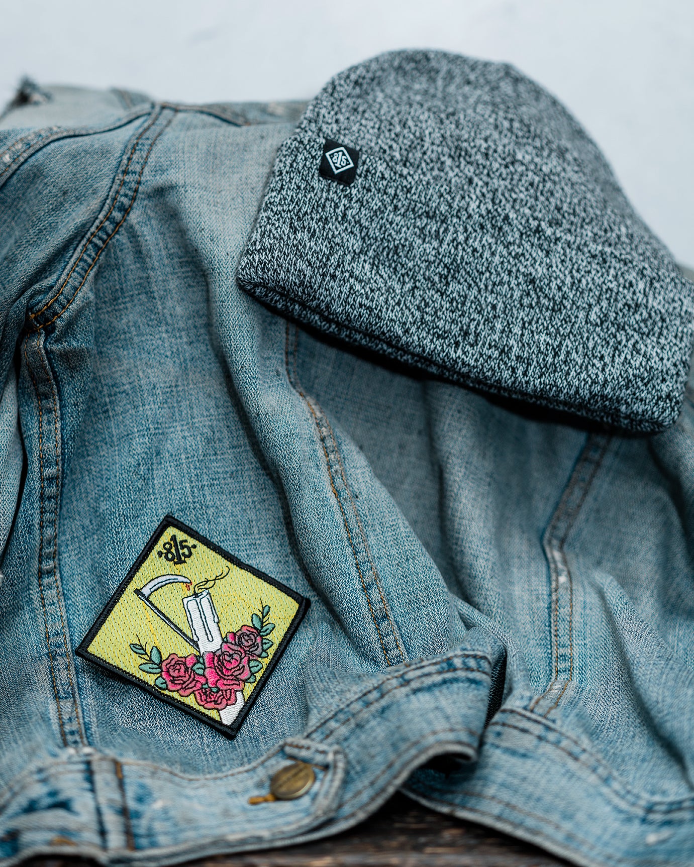 Risky Business - Outdoor Beanie - Travel - Outfit - Adventure - Denim - Patch